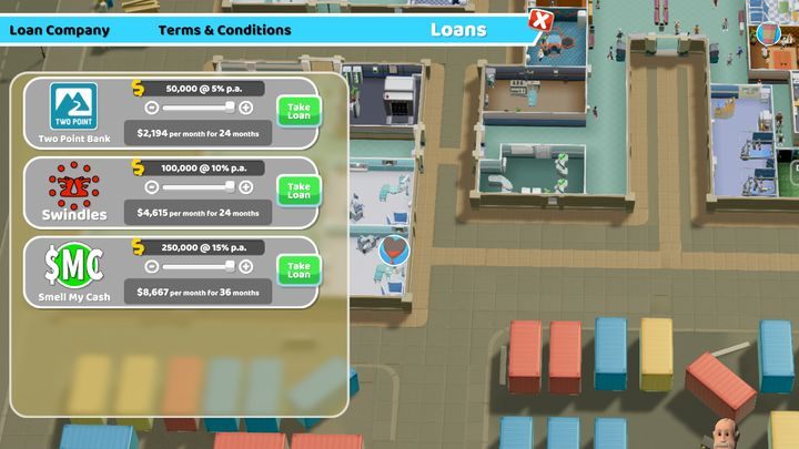 Panel kredytów zawiera wszystkie informacje odnośnie ilości rat i kosztów jakie poniesiesz z racji zaciągnięcia pożyczki. - Finanse i pieniądze w Two Point Hospital - Two Point Hospital - poradnik do gry