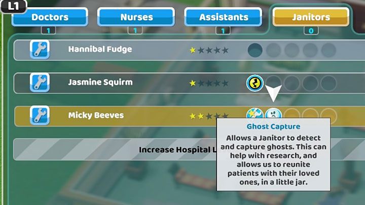 Do łapania duchów musisz angażować dozorców ze zdolnością łapiduch (Ghost Capture) - Osiągnięcia i trofea w Two Point Hospital - Two Point Hospital - poradnik do gry