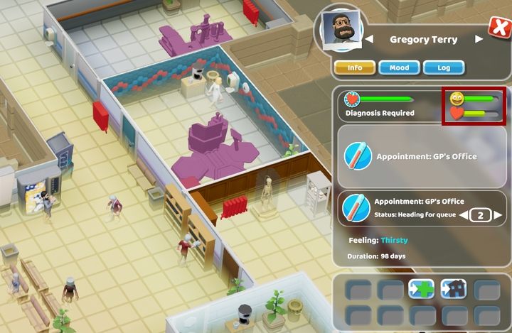 Wskaźniki zadowolenia i zdrowia pacjenta możesz sprawdzić klikając na niego. - Pacjenci w Two Point Hospital - Two Point Hospital - poradnik do gry