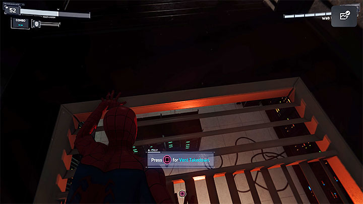 Podczas przeciskania się przez szyb możecie ustawić się przy kratce nad przeciwnikiem i wykonać na nim cichą eliminację (Vent Takedown - Kwadrat na padzie) - Marvels Spider-Man: Wydarzenie wieczoru (The Main Event) - solucja, opis przejścia - Marvels Spider-Man - poradnik do gry