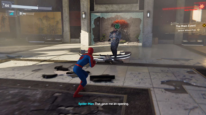 Ogłuszonego Fiska możecie uwięzić pajęczynami (R1 na padzie) - Marvels Spider-Man: Wydarzenie wieczoru (The Main Event) - solucja, opis przejścia - Marvels Spider-Man - poradnik do gry