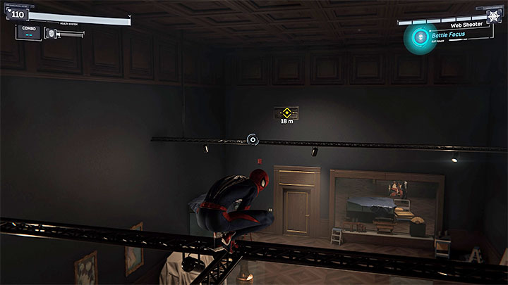 Znajdźcie na ścianie wąską kratkę szybu wentylacyjnego (powyższy obrazek) i przyciągnijcie się do niej - Marvels Spider-Man: Nie dotykać eksponatów (Dont Touch the Art) - solucja, opis przejścia - Marvels Spider-Man - poradnik do gry