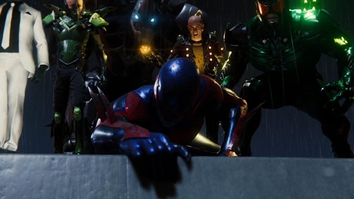 Na szczycie czeka Was świetna scenka filmowa - Vulture, Electro, Rhino, Scorpion i Mister Negative zjednoczyli się pod przywództwem głównego antagonisty, by w końcu pokonać Spider-Mana - Marvels Spider-Man: Z deszczu... (Out of the Frying Pan...) - solucja, opis przejścia - Marvels Spider-Man - poradnik do gry