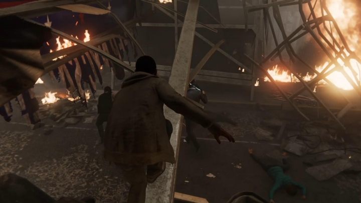 Poczekajcie na dogodny moment i wejdźcie do zniszczonego fragmentu budynku - przejdźcie z niego na samochód i dalej na rusztowanie - Marvels Spider-Man: Nagrodę otrzymuje... (And the Award Goes to...) - solucja, opis przejścia - Marvels Spider-Man - poradnik do gry