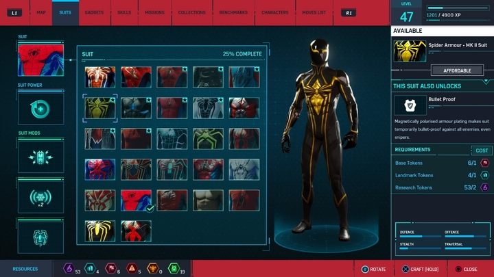 Koszt stworzenia: 2 żetony badawcze, 1 żeton baz, 1 żeton kultowych miejsc - Marvels Spider-Man: Wszystkie kostiumy bohatera - lista - Marvels Spider-Man - poradnik do gry