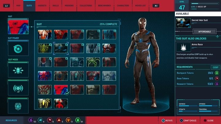 Koszt stworzenia: 2 żetony badawcze, 1 żeton baz, 3 żetony plecaków - Marvels Spider-Man: Wszystkie kostiumy bohatera - lista - Marvels Spider-Man - poradnik do gry