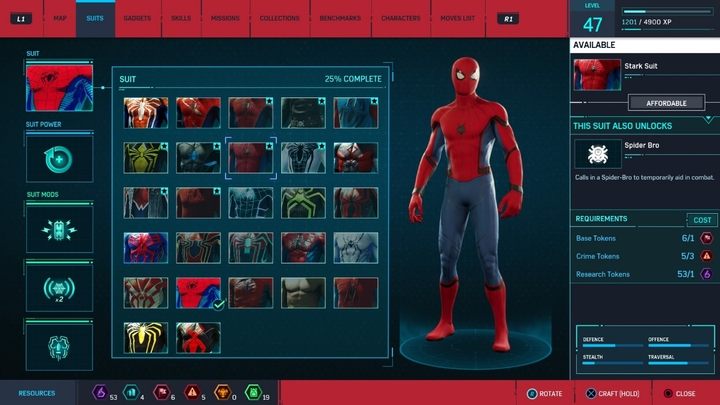 Koszt stworzenia: 1 żeton badawczy, 1 żeton baz, 3 żetony przestępstw - Marvels Spider-Man: Wszystkie kostiumy bohatera - lista - Marvels Spider-Man - poradnik do gry