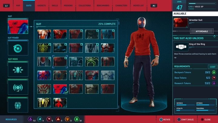 Koszt stworzenia: 2 żetony badawcze, 2 żetony baz, 2 żetony plecaków - Marvels Spider-Man: Wszystkie kostiumy bohatera - lista - Marvels Spider-Man - poradnik do gry
