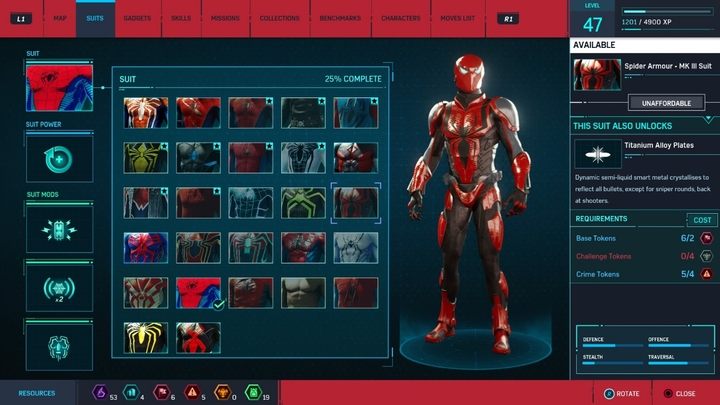 Koszt stworzenia: 2 żetony baz, 4 żetony przestępstw, 4 żetony wyzwań - Marvels Spider-Man: Wszystkie kostiumy bohatera - lista - Marvels Spider-Man - poradnik do gry