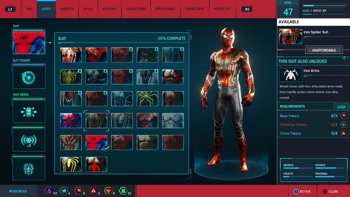 Koszt stworzenia: 3 żetony baz, 4 żetony przestępstw, 3 żetony wyzwań - Marvels Spider-Man: Wszystkie kostiumy bohatera - lista - Marvels Spider-Man - poradnik do gry