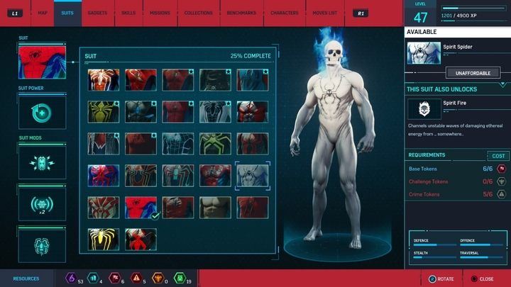 Koszt stworzenia: 6 żetonów baz, 6 żetonów przestępstw, 6 żetonów wyzwań - Marvels Spider-Man: Wszystkie kostiumy bohatera - lista - Marvels Spider-Man - poradnik do gry