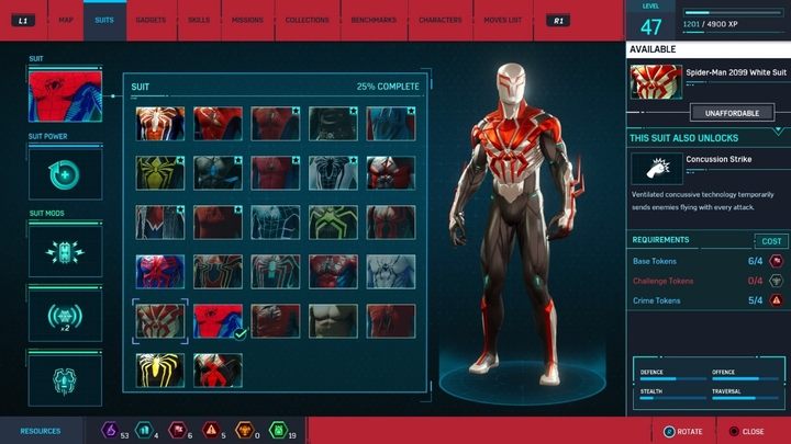 Koszt stworzenia: 4 żetony baz, 4 żetony przestępstw, 4 żetony wyzwań - Marvels Spider-Man: Wszystkie kostiumy bohatera - lista - Marvels Spider-Man - poradnik do gry