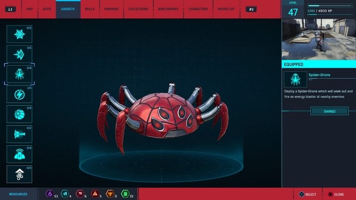 Opis gadżetu: Wypuść Spider-Drona, by szukał znajdujących się w pobliżu wrogów i atakował ich ładunkami elektrycznymi - Marvels Spider-Man: Gadżety - lista, zastosowania - Marvels Spider-Man - poradnik do gry
