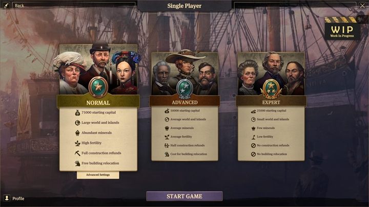 W grze możesz wybrać poziom normal, advanced i expert - Dostosowywanie scenariuszy w Anno 1800 - Anno 1800 - poradnik do gry