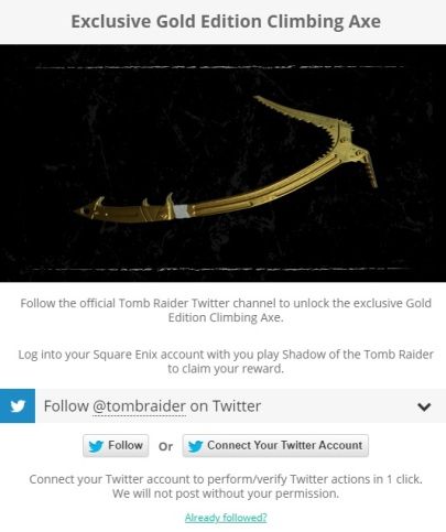 Jeśli chcesz zdobyć, wyjątkowy, złoty czekan musisz zaobserwować oficjalnego twittera o nazwie Tomb Raider - Złote bronie w Shadow of the Tomb Raider - Shadow of the Tomb Raider - poradnik do gry
