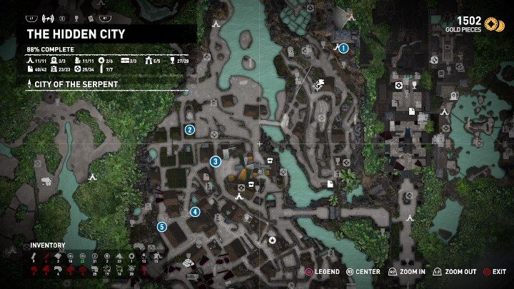 Na mapie powyżej zaznaczyliśmy najważniejsze miejsca pierwszej części misji Ku pokrzepieniu serc - Misje poboczne w Ukryte Miasto w Shadow of the Tomb Raider - Shadow of the Tomb Raider - poradnik do gry
