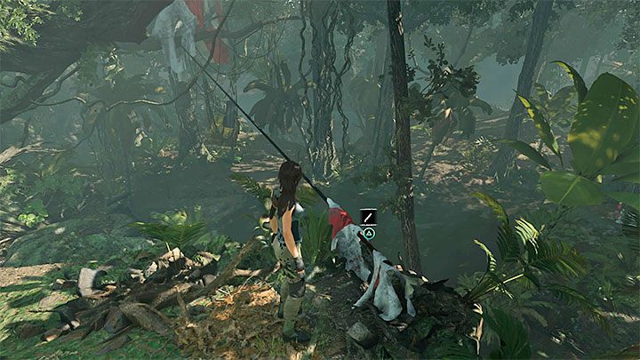 Przecięcie pierwszej liny nie załatwi ostatecznie sprawy, bo ładunek podtrzymuje jeszcze druga lina - Jak odzyskać stracony nóż, łuk i czekan w Shadow of the Tomb Raider? - Shadow of the Tomb Raider - poradnik do gry