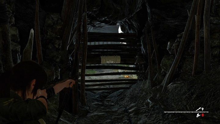 Aby otworzyć przejście dalej musisz wyciągnąć swój łuk i wycelować w sznur umieszczony na belach - Krypty - Peruwiańska dżungla w Shadow of the Tomb Raider - Shadow of the Tomb Raider - poradnik do gry