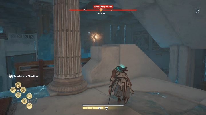 Na start zniszcz pochodnie, która znajduje się na po prawej stronie pomieszczenia - Repozytorium Iris w AC Odyssey Lost Atlantydy DLC - Assassins Creed Odyssey - poradnik do gry