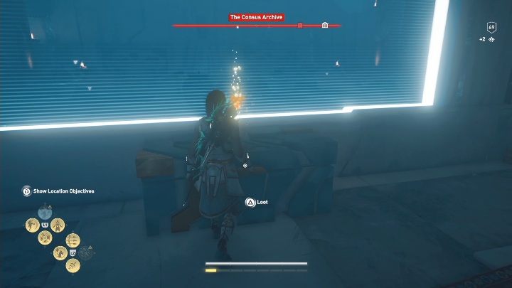 Pomiędzy regałami znajdującymi się w pomieszczeniu jest skrzynia - Archiwum Consusa w AC Odyssey Lost Atlantydy DLC - Assassins Creed Odyssey - poradnik do gry