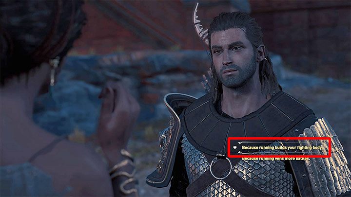 Jeszcze podczas pierwszego spotkania z Zopheras pojawia się okazja do wybrania opcji dialogowej oznaczonej ikoną serca - pokazuje ją dołączony obrazek - Zopheras - Romanse w Assassins Creed Odyssey - Assassins Creed Odyssey - poradnik do gry