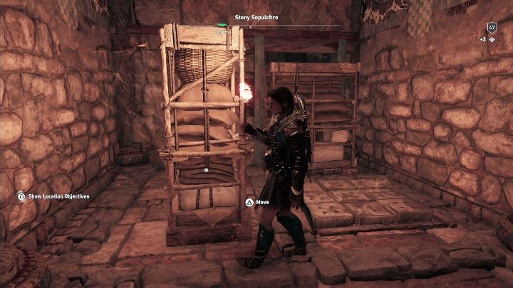 Solucja: Po wejściu do grobowca idz wzdłuż ścieżki, a natrafisz na półki - Grobowce na Skamieniałych wyspach - Assassins Creed Odyssey - poradnik do gry
