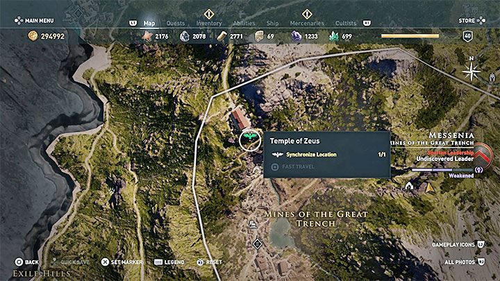 Rozwiązanie zagadki: Wyrusz na zachód w stronę Świątyni Zeusa (Temple of Zeus), która jest jednym z punktów widokowych w Mesenii - Enigmatyczne ostrakony na Wyspie Mesenia - Assassins Creed Odyssey - poradnik do gry