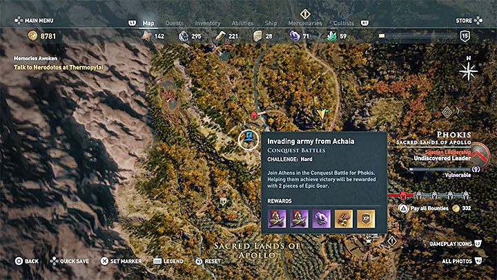 Po tym jak kontrolująca region nacja zostanie dostatecznie osłabiona na mapie regionu pojawią się dwa znaczniki bitew (powyższe obrazki) - Bohater do wynajęcia - trofeum w Assassins Creed Odyssey - Assassins Creed Odyssey - poradnik do gry