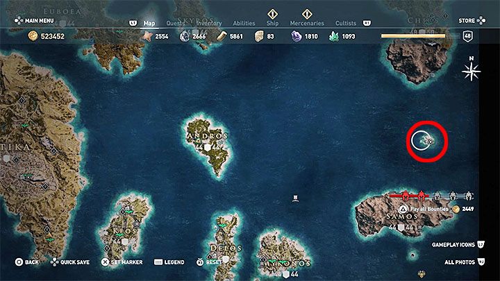 Lokalizacja skrzyni: Mała wyspa z posągiem Posejdona na północ od wyspy Samos (wchodnia część mapy świata) - Legendarne skrzynie w grze Assassins Creed Odyssey - Assassins Creed Odyssey - poradnik do gry