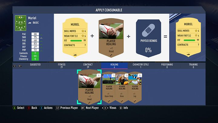 W menu składu wybierz odpowiedniego zawodnika i przejdź do menu akcji, a następnie wybierz przedmioty użyteczności - Zarządzanie zespołem w FUT | FIFA 19 - FIFA 19 - poradnik do gry