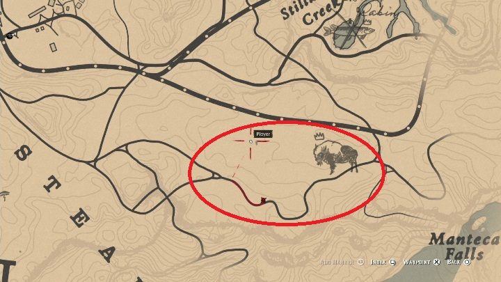Bizon będzie poruszał się po terenie zaznaczonym na screenie powyżej - Red Dead Redemption 2: Legendarny bizon amerykański - mapy, porady - Red Dead Redemption 2 - poradnik do gry