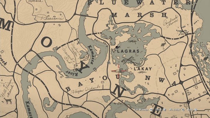 Aligator będzie poruszał się po terenie zaznaczonym na screenie poniżej - Red Dead Redemption 2: Legendarny aligator - mapy, porady - Red Dead Redemption 2 - poradnik do gry