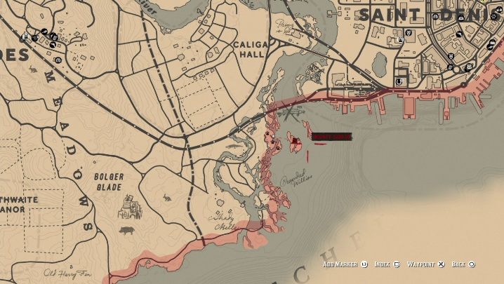 Broken Pirate Sword znajdziesz na wysepce położonej na południe od Saint Denis - Red Dead Redemption 2: Unikalne przedmioty - Mapa - Red Dead Redemption 2 - poradnik do gry