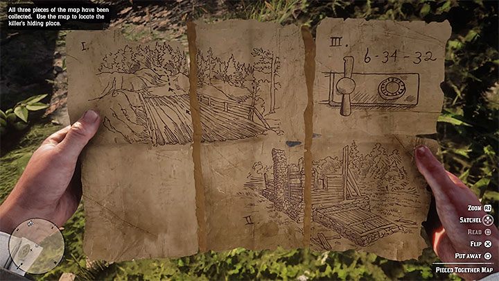 Po skompletowaniu wszystkich trzech fragmentów zagadki automatycznie zdobędziesz gotową mapę do kryjówki zabójcy (Pieced Together Map) - Red Dead Redemption 2: Amerykański sen - opis przejścia, mapa, porady - Red Dead Redemption 2 - poradnik do gry