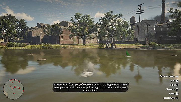 Drugie wyzwanie z użyciem łodzi podwodnej jest nieco trudniejsze - musisz zatopić oznaczone łódki zanim dotrą na drugi koniec stawu - Red Dead Redemption 2: Radosny, energiczny chłopiec - opis przejścia, mapa - Red Dead Redemption 2 - poradnik do gry