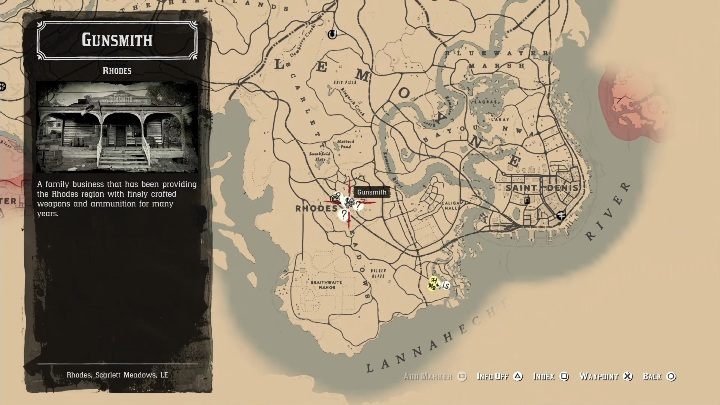 Sklep z bronią możesz obrabować w Rhodes - Red Dead Redemption 2: Napady na sklepy - jak obrabować? Lista, lokacje, mapy - Red Dead Redemption 2 - poradnik do gry