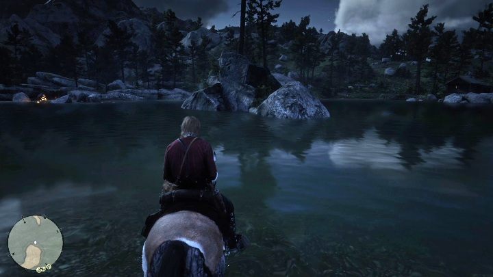 Na środku jeziora znajduje się mała skalna wyspa, podpłyń do niej - Red Dead Redemption 2: Jack Hall Gang - mapa skarbów - Red Dead Redemption 2 - poradnik do gry