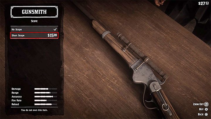 Wybierz lunety (Scope) z listy komponentów i następnie jedną z lunet oferowanych przez sprzedawcę - Red Dead Redemption 2: Luneta do karabinu - jak zdobyć? - Red Dead Redemption 2 - poradnik do gry
