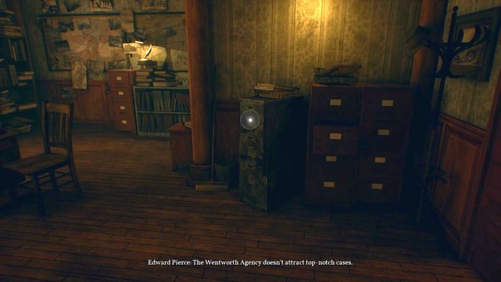 W tej, między innymi, szafce znajdziesz pierwszą w grze znajdzkę - zamkniętą sprawę (case closed). - Rozdział 1 - Pierce Investigations Agency, Boston | Solucja Call of Cthulhu - Call of Cthulhu - poradnik do gry