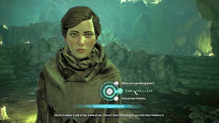 Tutaj możesz 3 razy wybrać opcję dialogową w języku Rlyehian. - Rozdział 14 - Nadmorska Jaskinia | Solucja Call of Cthulhu - Call of Cthulhu - poradnik do gry