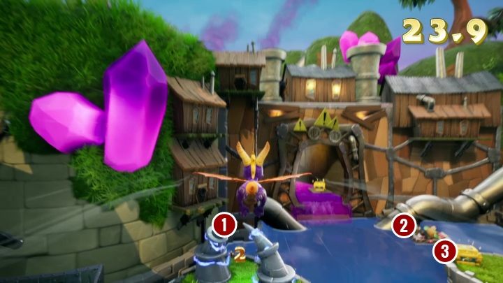 Zacznij od oczyszczenia miejsca startowego, zapikuj ostro w dół i przeleć przez pierwszą bramę [1] - Dziki szlak - Solucja Spyro the Dragon - Spyro Reignited Trilogy - poradnik do gry