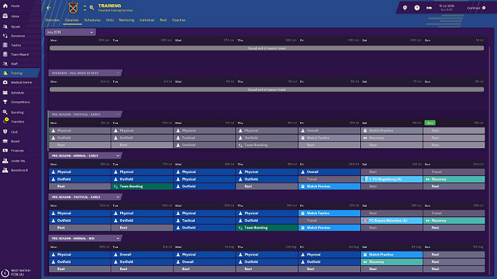 Kalendarz treningowy został podzielony na bloki jednotygodniowe, a w każdym z nich możesz zaplanować 7 dni treningowych - Treningi w Football Manager 2019 - Football Manager 2019 - poradnik do gry