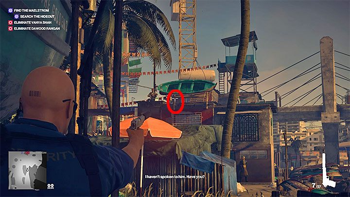 Rozstaw Agenta 47 w takim miejscu żeby mógł oddać strzał w stronę pokazanej na obrazku zawieszonej łodzi - Zamordowanie Dawooda Rangana w misji Pościg za zjawą | Hitman 2 - Hitman 2 - poradnik do gry
