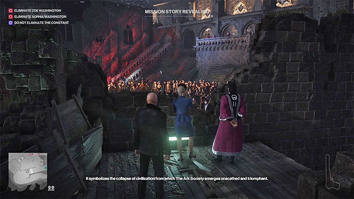 O możliwości rozegrania tej misji fabularnej możesz dowiedzieć się od pokazanej na obrazku rozmawiającej pary - osoby te stoją tuż obok górnego dziedzińca, na którym zaplanowana jest wkrótce ceremonia podpalenia ogromnej kukły Feniksa - Misje fabularne w misji Stowarzyszenie Arki | Hitman 2 - Hitman 2 - poradnik do gry