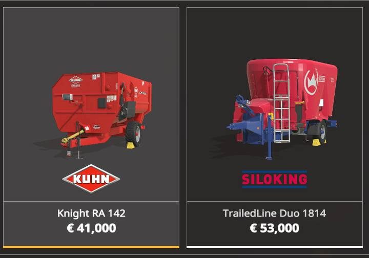 Do przygotowania paszy mieszanej dla krów służą dwie maszyny: KUHN Knight RA 142 oraz SILOKING TrailedLine Duo 1814 - Farming Simulator 19: Maszyny do hodowli zwierząt - Farming Simulator 19 - poradnik do gry