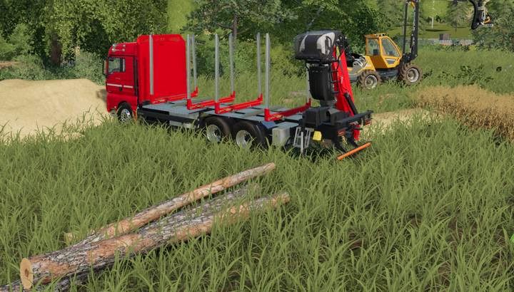 Chcąc załadować bale na przyczepkę chwytakiem, warto ustawić się prostopadle do bali, by znajdowały się bliżej tyłu pojazdu - Farming Simulator 19: Obróbka drzew - ścinka, pnie, sprzedaż - Farming Simulator 19 - poradnik do gry