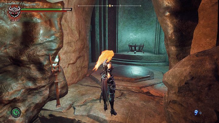 Stań na widocznym na powyższym obrazku przycisku i poczekaj, aż ściana otworzy dla Ciebie przejście - Esencje w grze Darksiders 3 - Darksiders 3 - poradnik do gry
