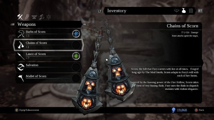 Łańcuchy pogardy to druga dodatkowa broń w Darksiders 3, do której masz dostęp po zdobyciu esencji płomienia - Bronie w grze Darksiders 3 - Darksiders 3 - poradnik do gry
