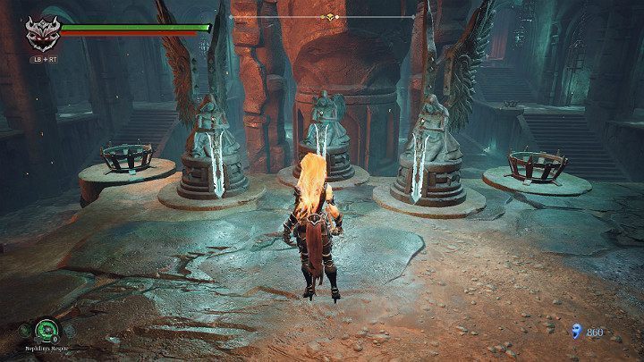 Gdy wszystkie trzy miecze będą na swoim miejscu musisz uderzyć w nie jednocześnie, aby rozwiązać łamigłówkę - Esencje cz. 2 - Katakumby | Solucja do gry Darksiders 3 - Darksiders 3 - poradnik do gry