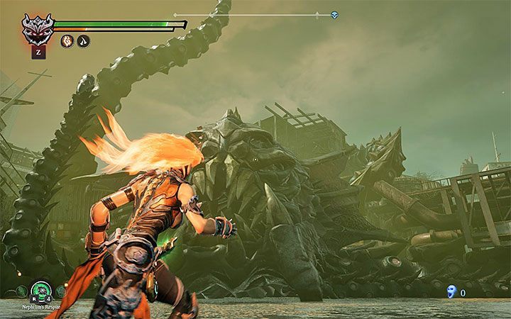 Kraken atakuje w ustalonej sekwencji - najpierw jedna macka, później druga i uderzenie w ziemię - Zniszczona droga - Darksiders 3 - poradnik do gry